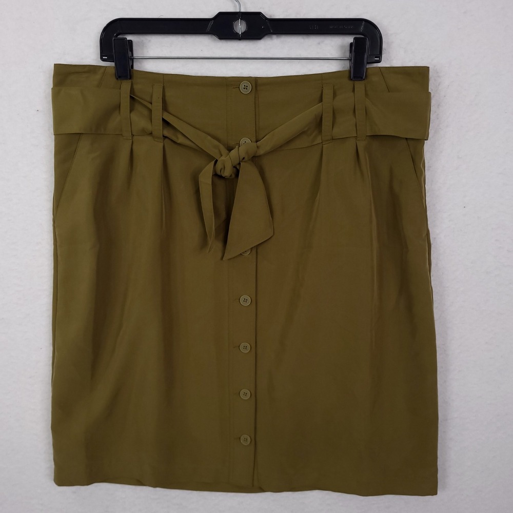 Tommy Bahama Midi Skirt Olive Green Button Front Tie Waist Size 14